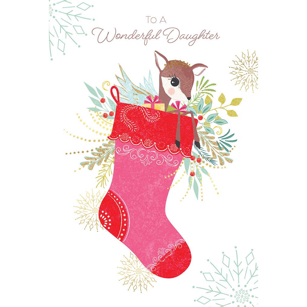 Tiny Deer Stocking Christmas Card Daughter